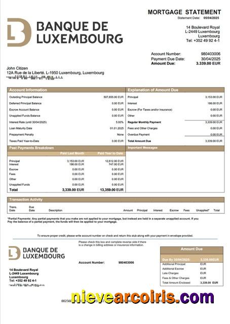 Luxembourg Banque de Luxembourg mortgage statement Word and PDF template